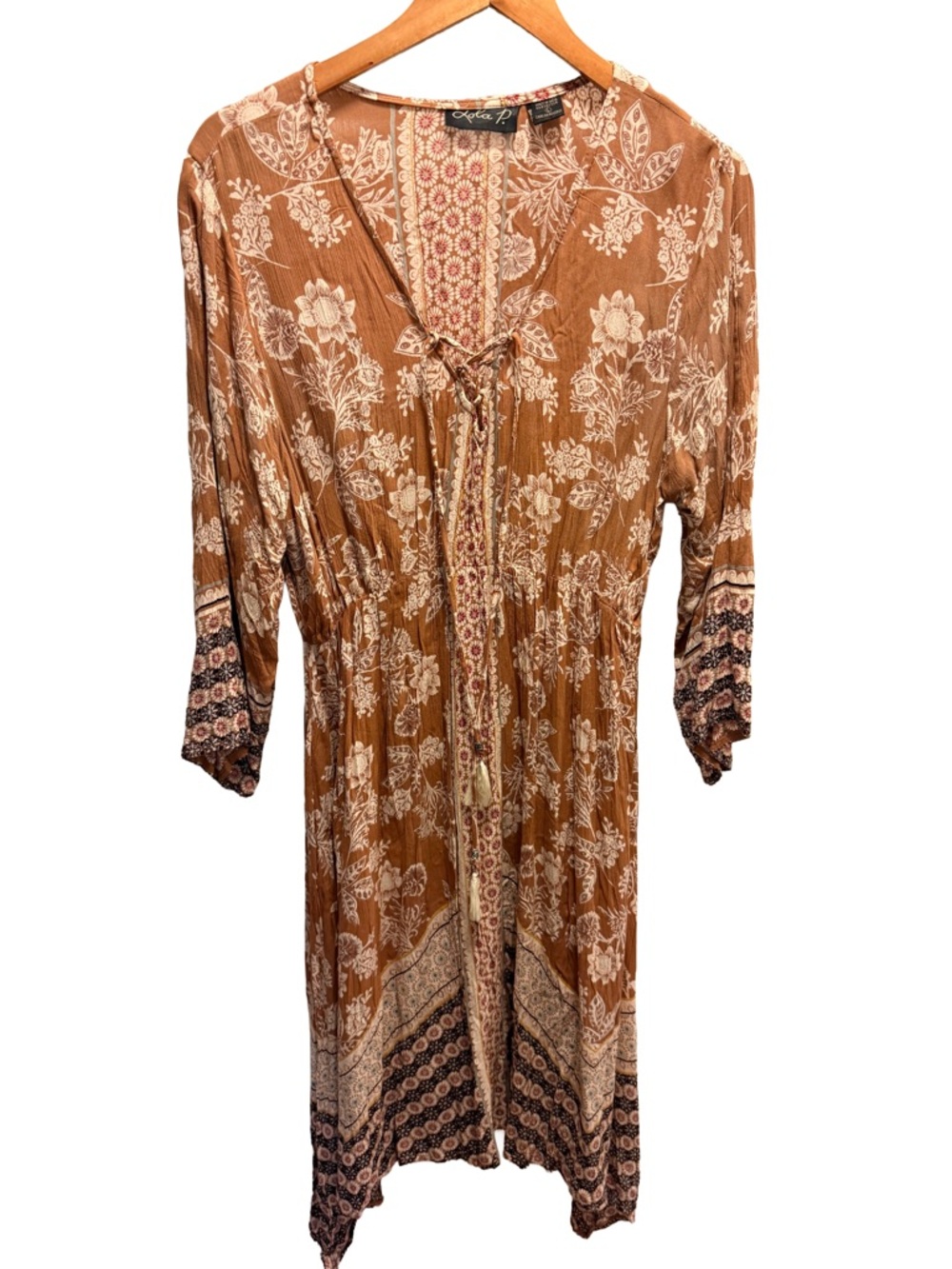 Boho Floral Peasant Mini Dress - Burnt Orange/Cream - Size Large - Like New